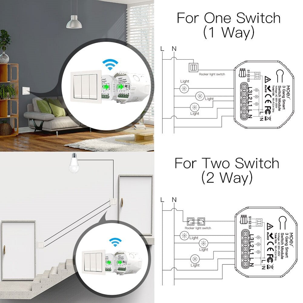 Mini WiFi Smart Light Switch 3 Gang 1/2 Way Module Smart Life/Tuya App Control for Amazon Alexa and Google Home