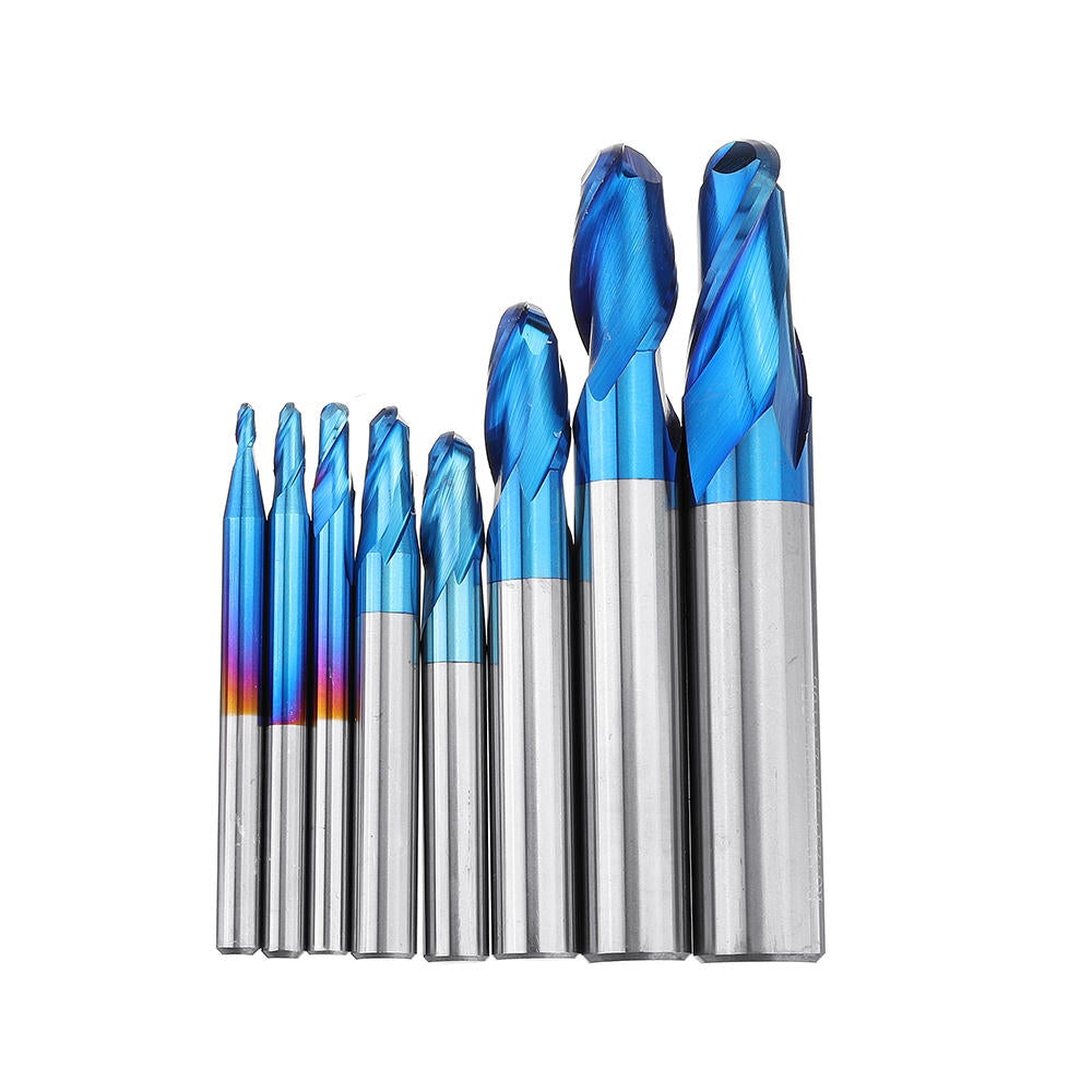 8PCS HRC55 Blue Nano Tungsten Carbide Ball Nose End Mill Set R1-R6 Milling Cutter CNC Router Bits