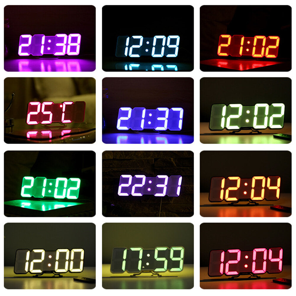 3D LED Digital Wall Clock Wireless Remote Digital RGB LED Alarm Clock USB Sound Control Snooze Functions Wall Desktop Clock