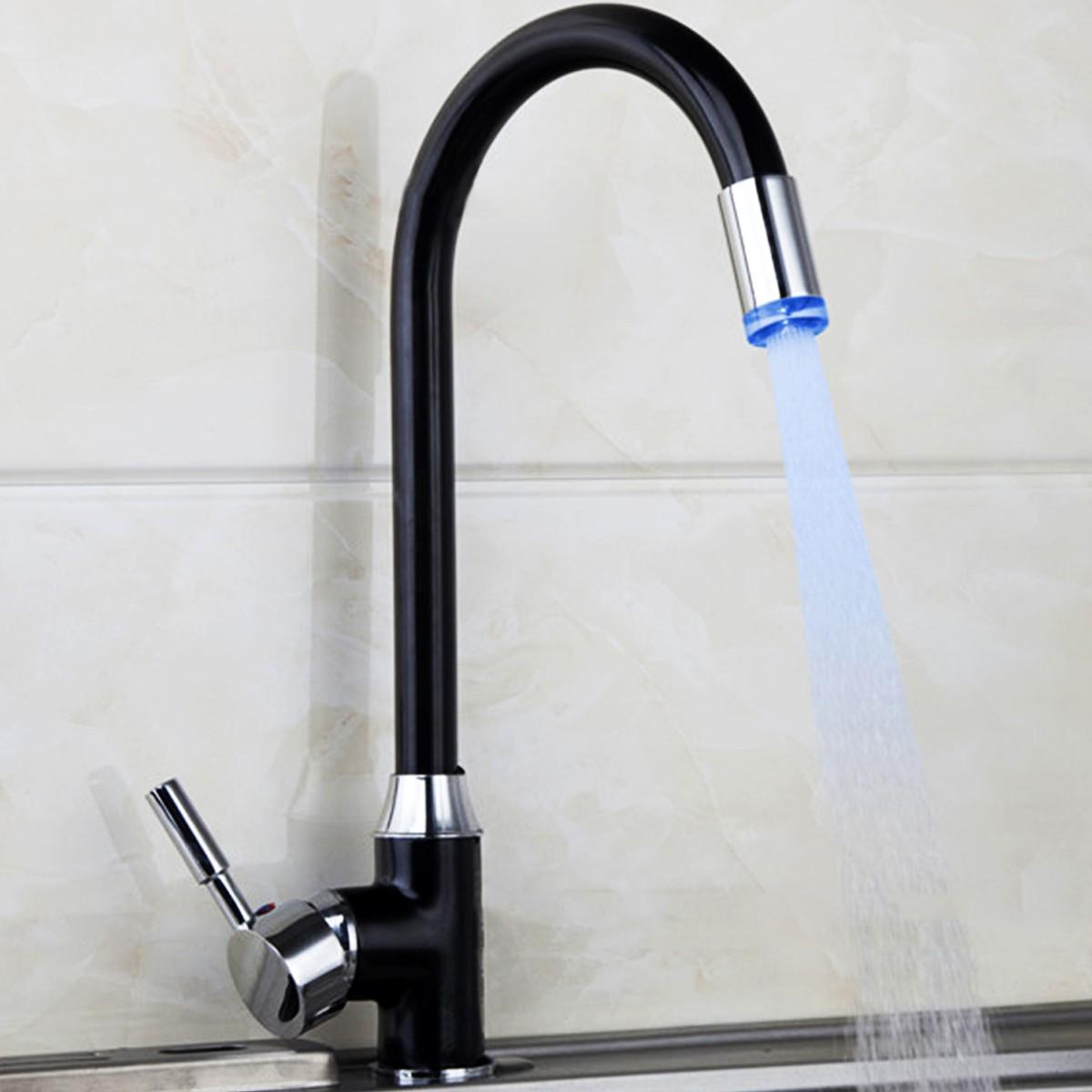 Black Plating Kitchen Sink Hot Cold Faucet Single Handle LED 3 Colors Changing Basin Mixer Tap