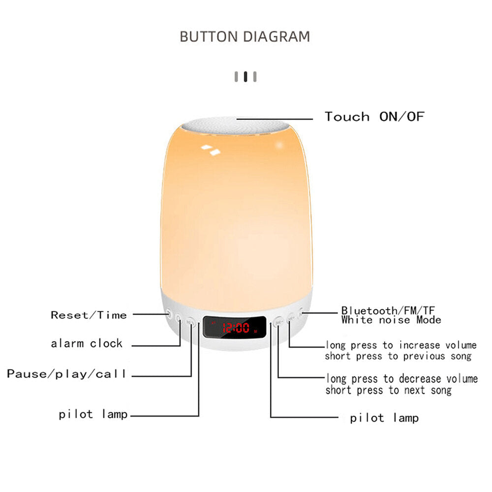 Bluetooth 5.1 Speaker Alarm Clock with Colorful Light 3 Gear Dimming White Noise Machine FM Radio for Party Bedroom Home