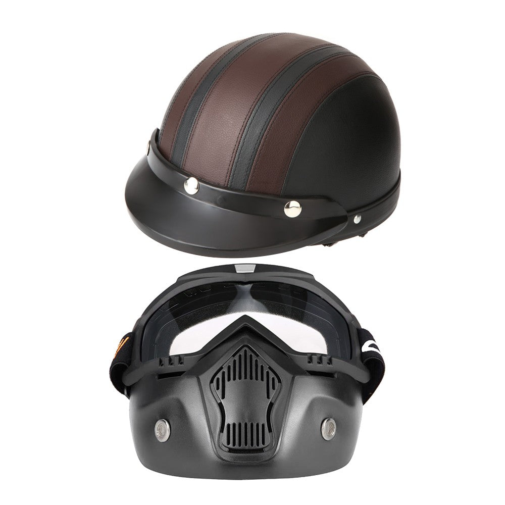 Mortorcycle Mask Detachable Goggles and Mouth Filter+ Open Face Half Leather Helmet with Vision UV 54-60cm
