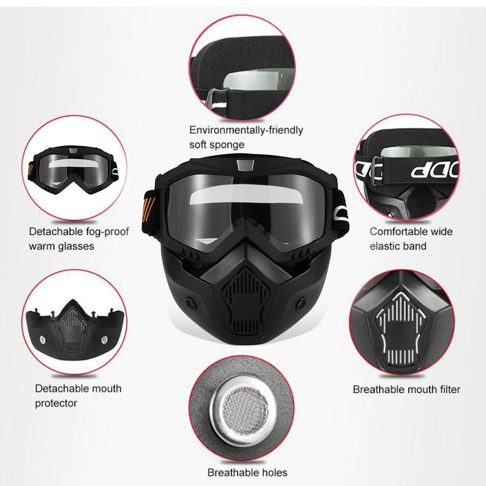 Mortorcycle Mask Detachable Goggles and Mouth Filter+ Open Face Half Leather Helmet with Vision UV 54-60cm