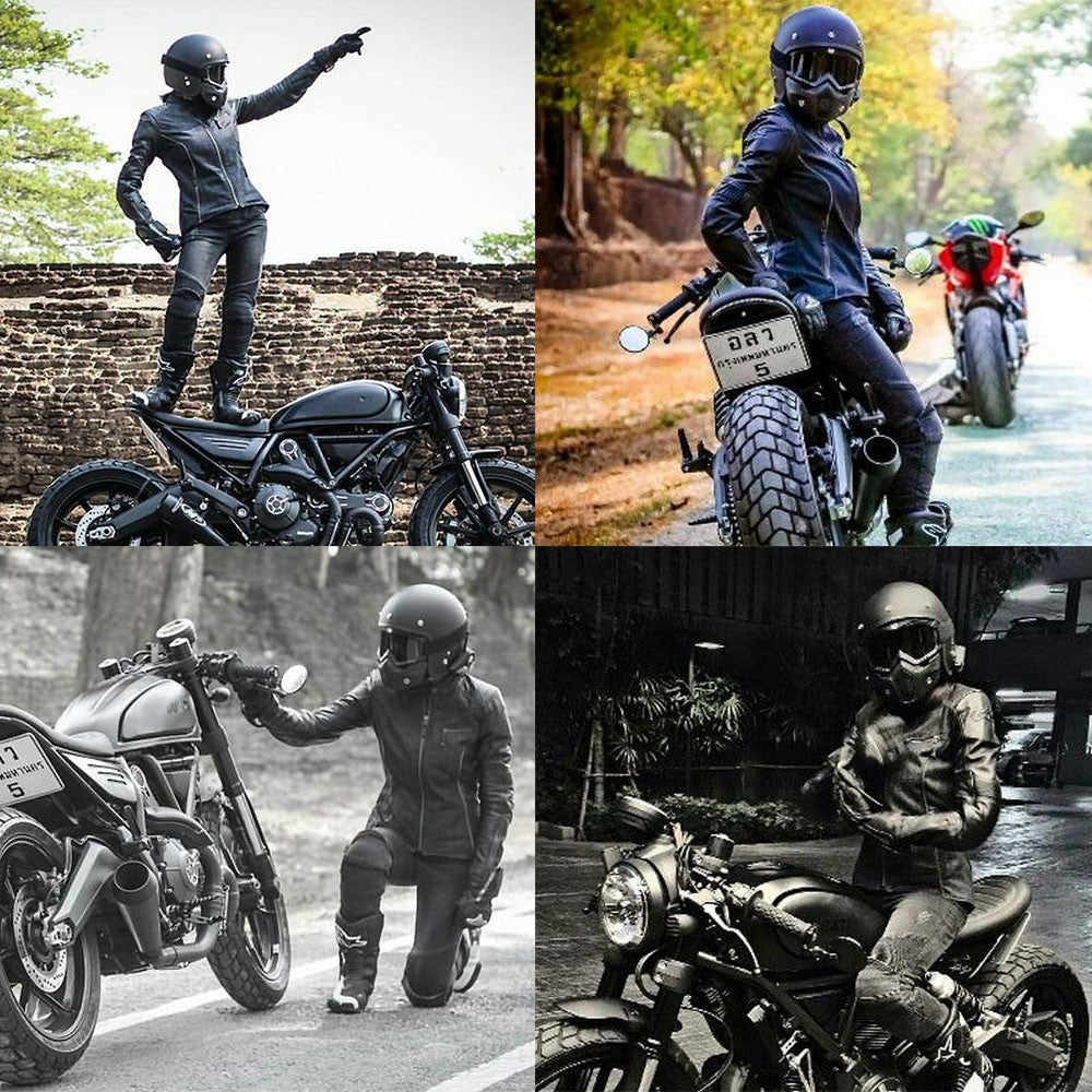 Mortorcycle Mask Detachable Goggles and Mouth Filter+ Open Face Half Leather Helmet with Vision UV 54-60cm
