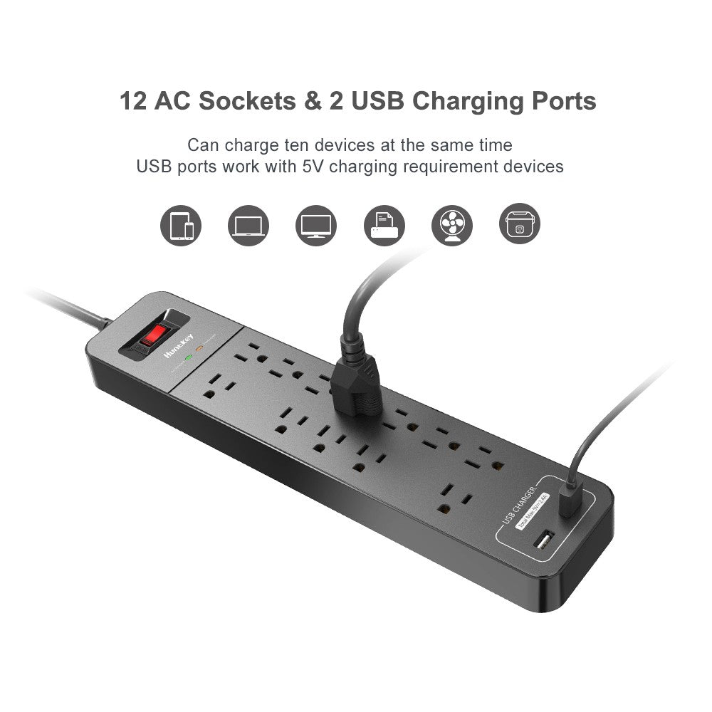 Power Strip Durable Household Socket with 12 AC Outlets 2 USB-A Charging Ports Surge Protector American Standard