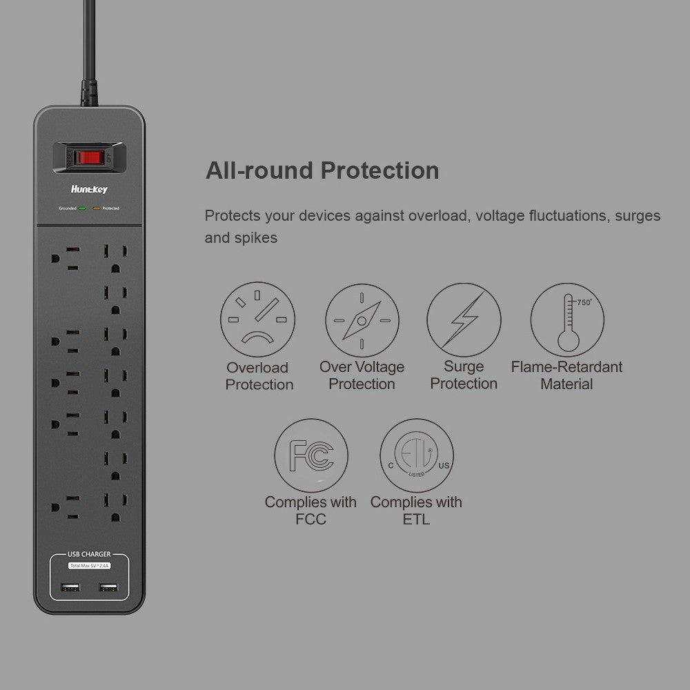 Power Strip Durable Household Socket with 12 AC Outlets 2 USB-A Charging Ports Surge Protector American Standard