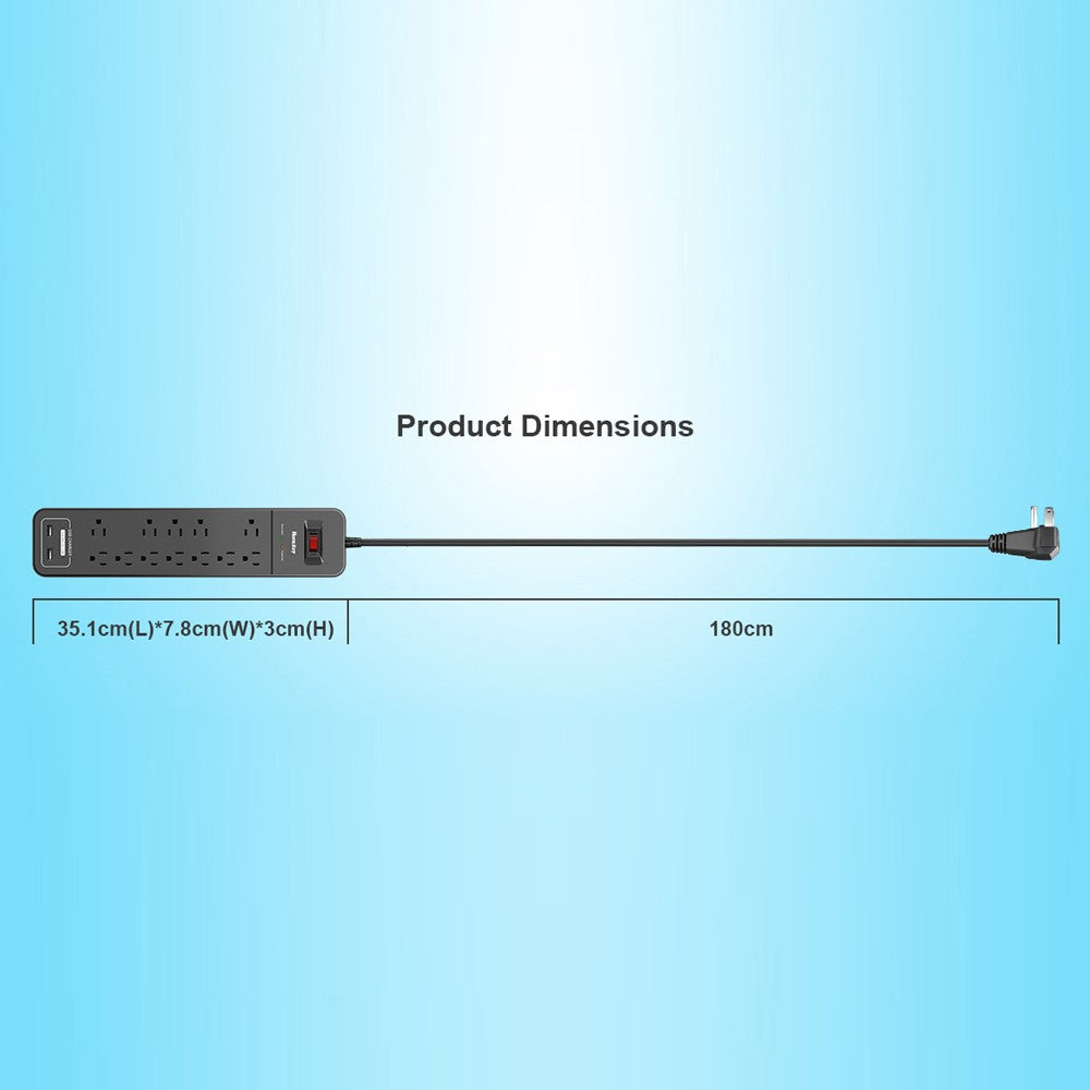 Power Strip Durable Household Socket with 12 AC Outlets 2 USB-A Charging Ports Surge Protector American Standard