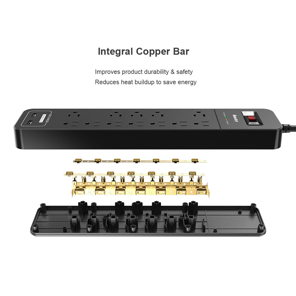 Power Strip Durable Household Socket with 12 AC Outlets 2 USB-A Charging Ports Surge Protector American Standard