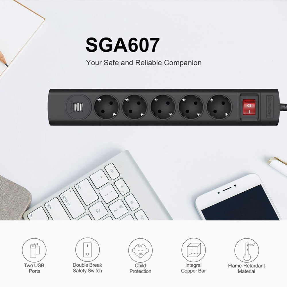 Power Strip with 5 AC Outlets 2 USB Ports Flame-retardant Material Double Break Safety Switch