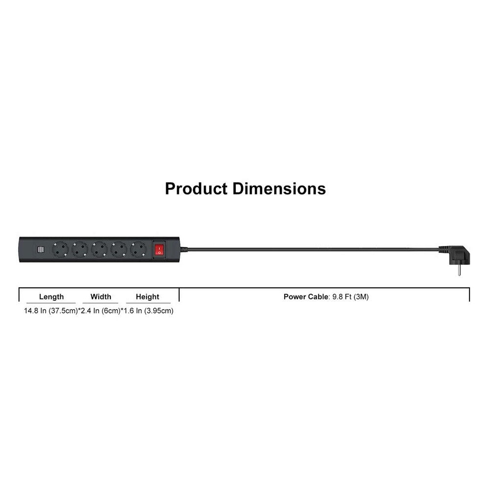 Power Strip with 5 AC Outlets 2 USB Ports Flame-retardant Material Double Break Safety Switch