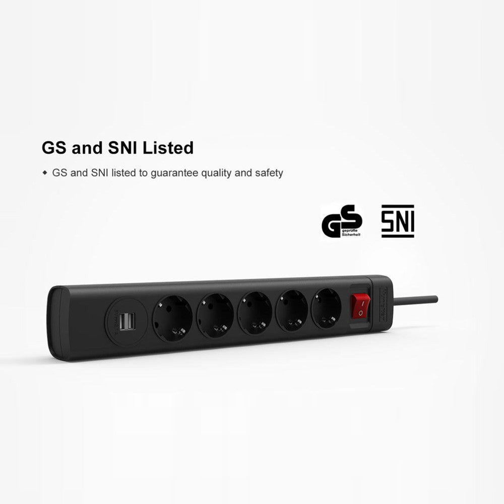 Power Strip with 5 AC Outlets 2 USB Ports Flame-retardant Material Double Break Safety Switch