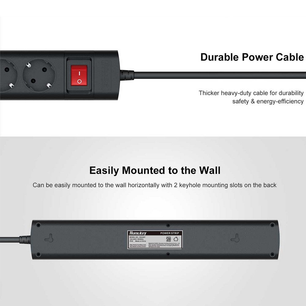 Power Strip with 5 AC Outlets 2 USB Ports Flame-retardant Material Double Break Safety Switch