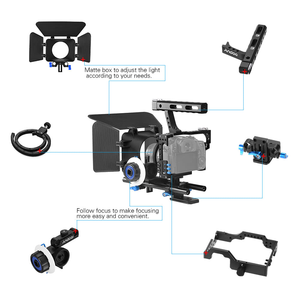 Aluminum Alloy Camera Camcorder Video Cage Rig Kit Film Making System with 15mm Rod Matte Box