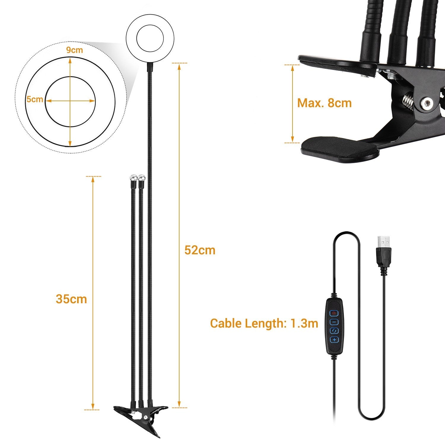 Clip-On Mini USB Ring Light Fill-in Lamp 3 Lighting Modes