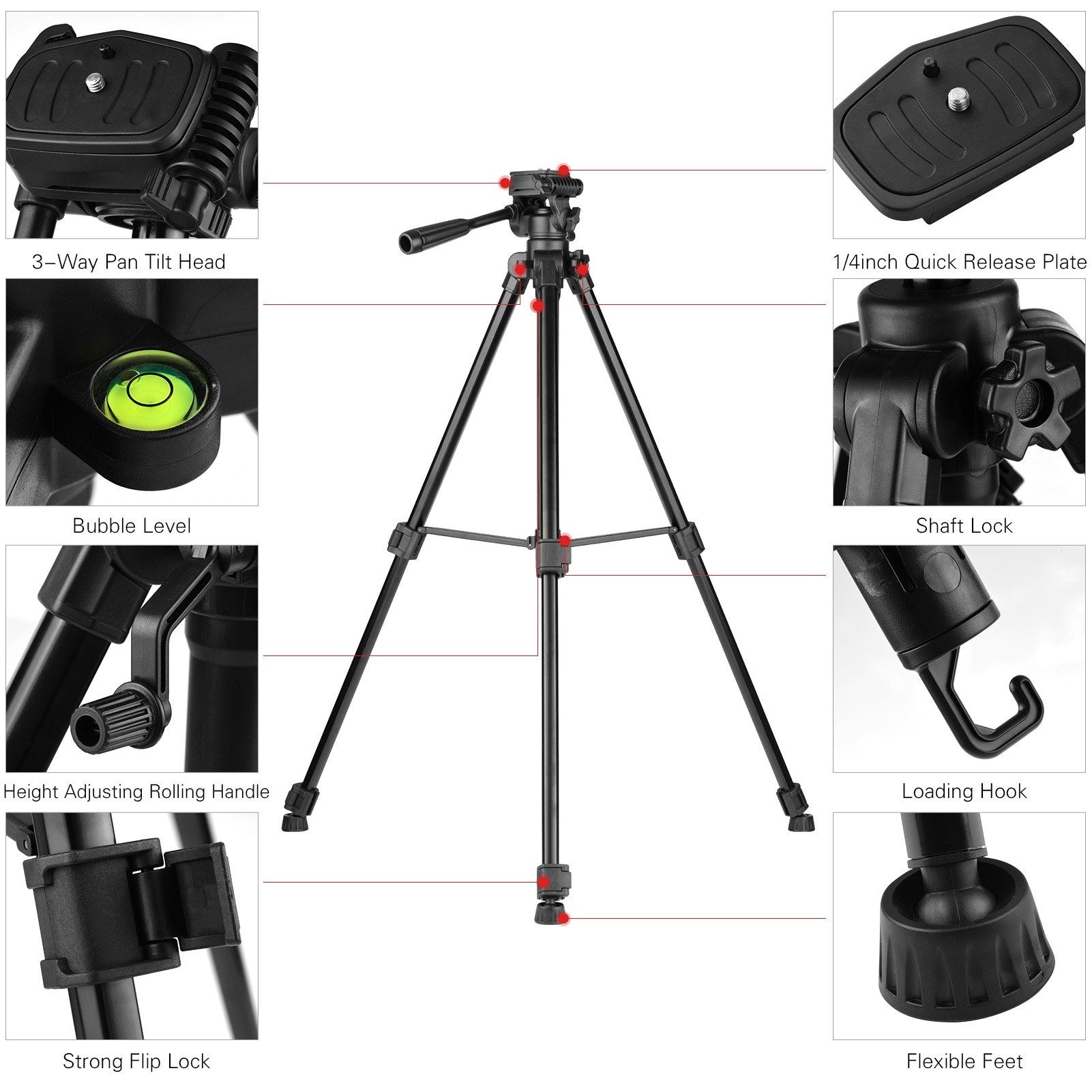 Adjustable Height Tripod Stand 3-Way Hydraumatic Head Universal 1/4 Mounting