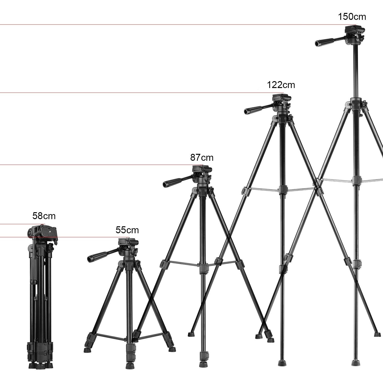 Adjustable Height Tripod Stand 3-Way Hydraumatic Head Universal 1/4 Mounting
