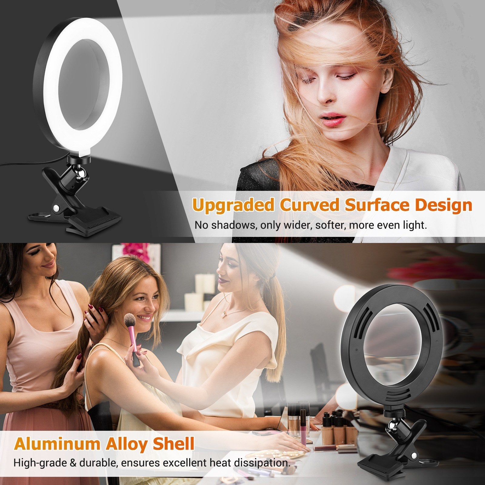 6.3 Inch 2700K-5500K Selfie Ring Video Light with Clamp Mount Tabletop Tripod 3 Dimmable