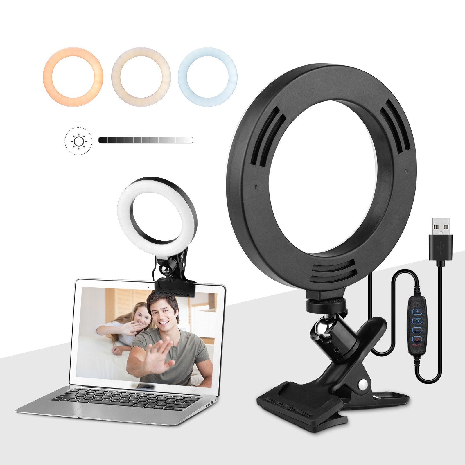 6.3 Inch 2700K-5500K Selfie Ring Video Light with Clamp Mount Tabletop Tripod 3 Dimmable