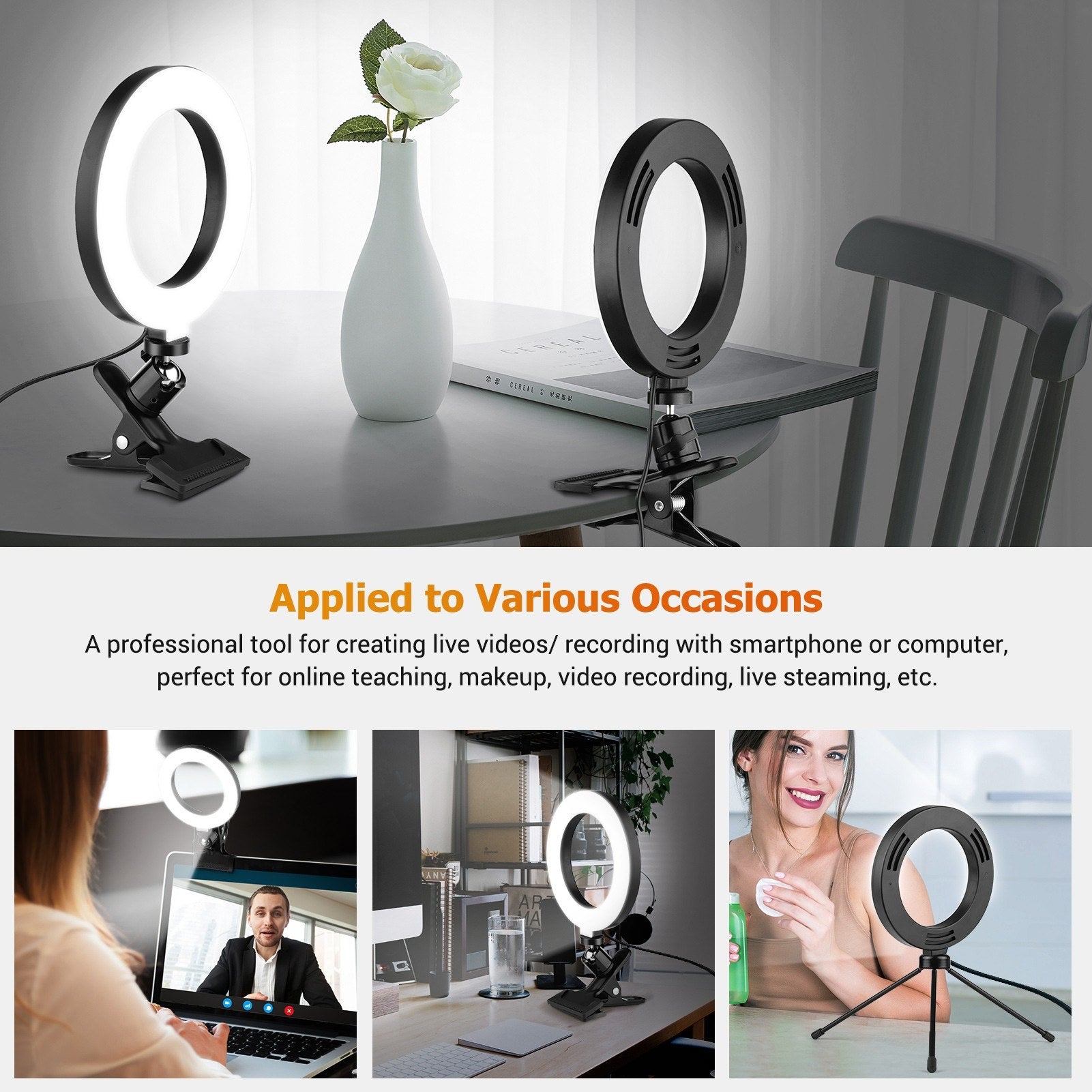 6.3 Inch 2700K-5500K Selfie Ring Video Light with Clamp Mount Tabletop Tripod 3 Dimmable
