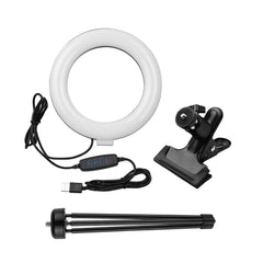 6.3 Inch 2700K-5500K Selfie Ring Video Light with Clamp Mount Tabletop Tripod 3 Dimmable