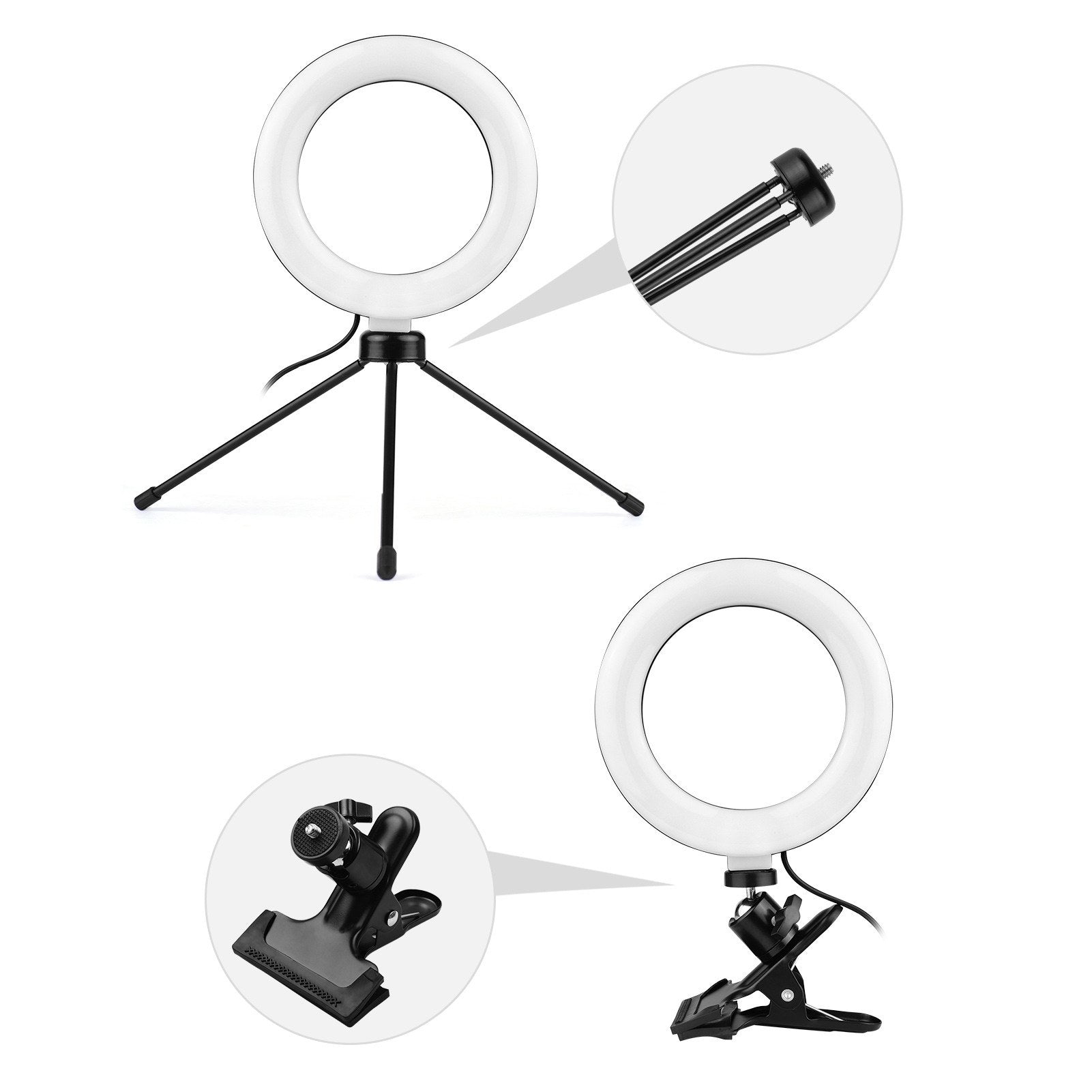 6.3 Inch 2700K-5500K Selfie Ring Video Light with Clamp Mount Tabletop Tripod 3 Dimmable