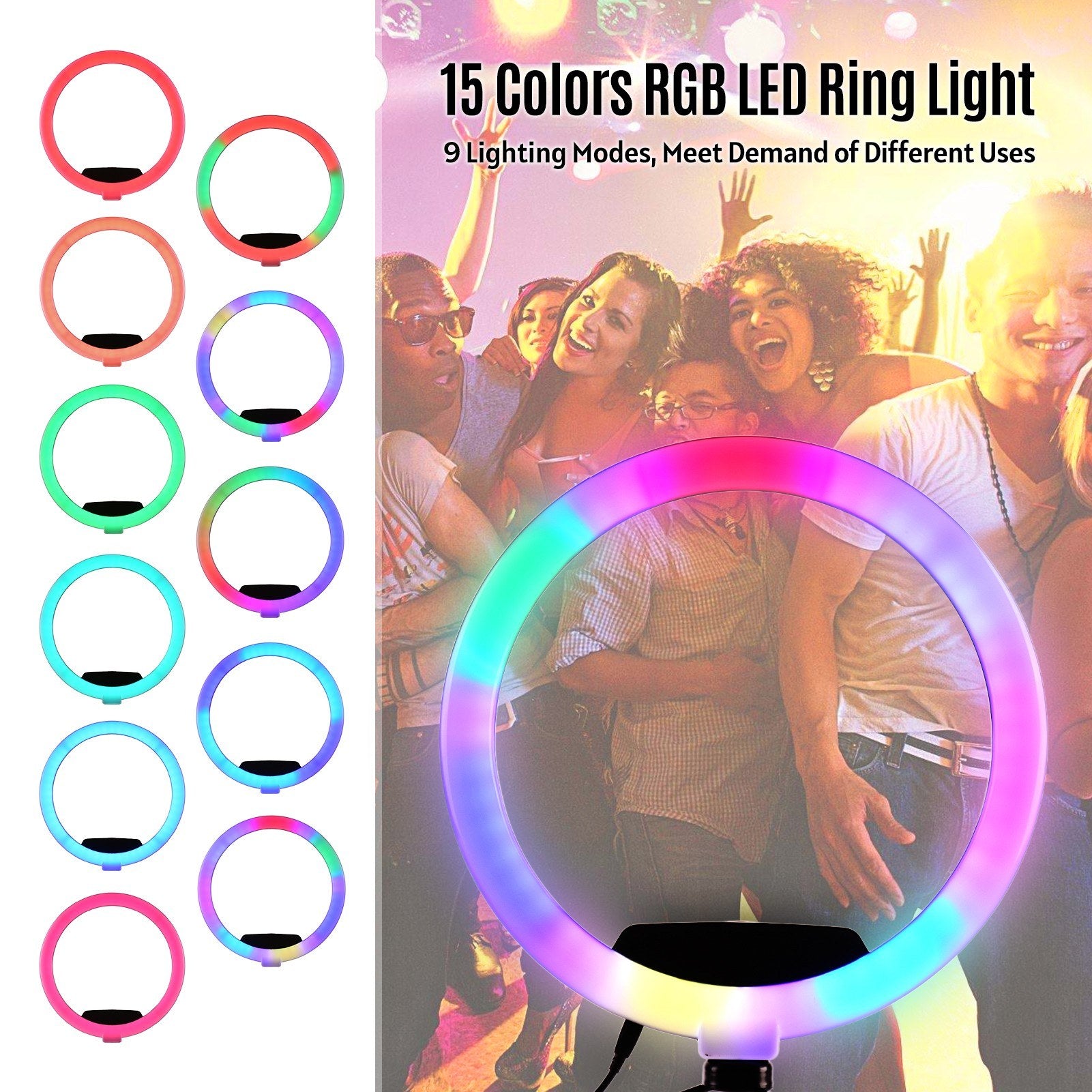 12-in RGB LED Ring Light Dimmable Selfie Circle Lamp Fill-in 10 Brightness Levels for Makeup Photography