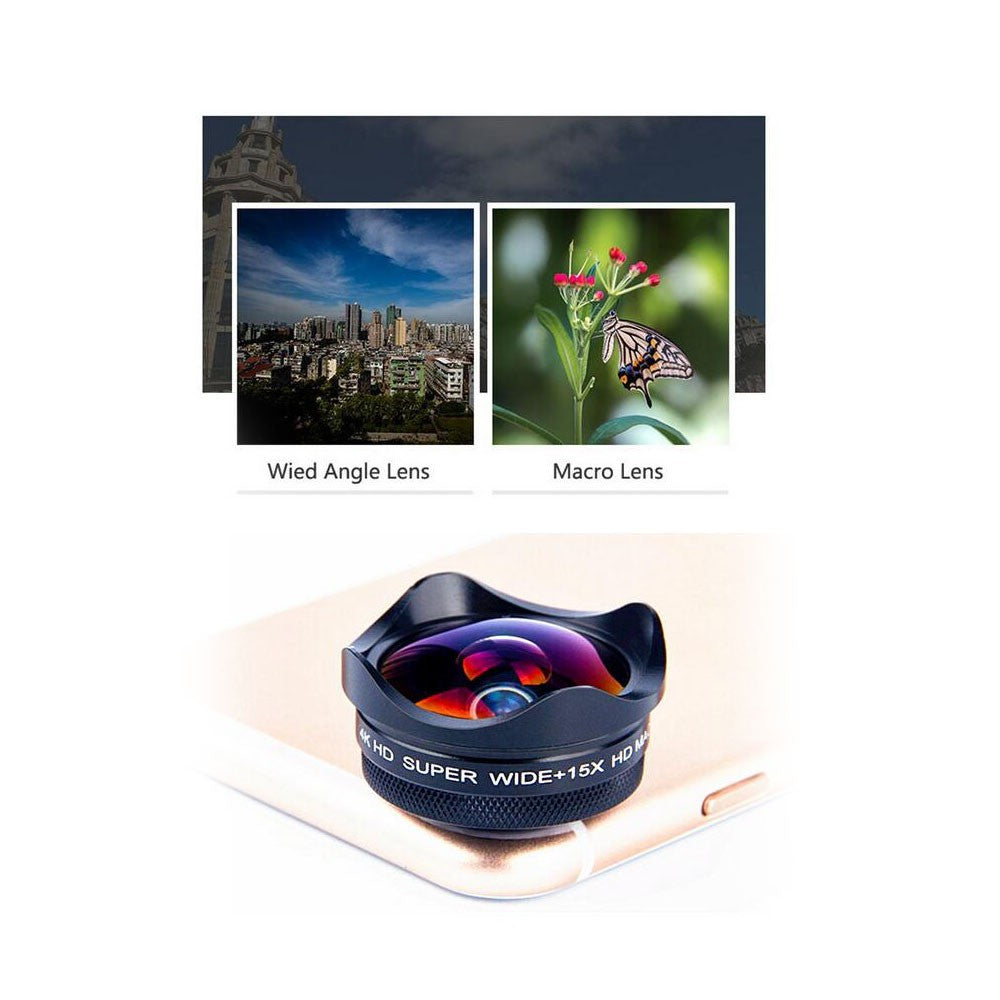 4K Ultra HD Smartphone Camera Lens 0.45X Wide-angle 15X Macro Phone with Universal Clip