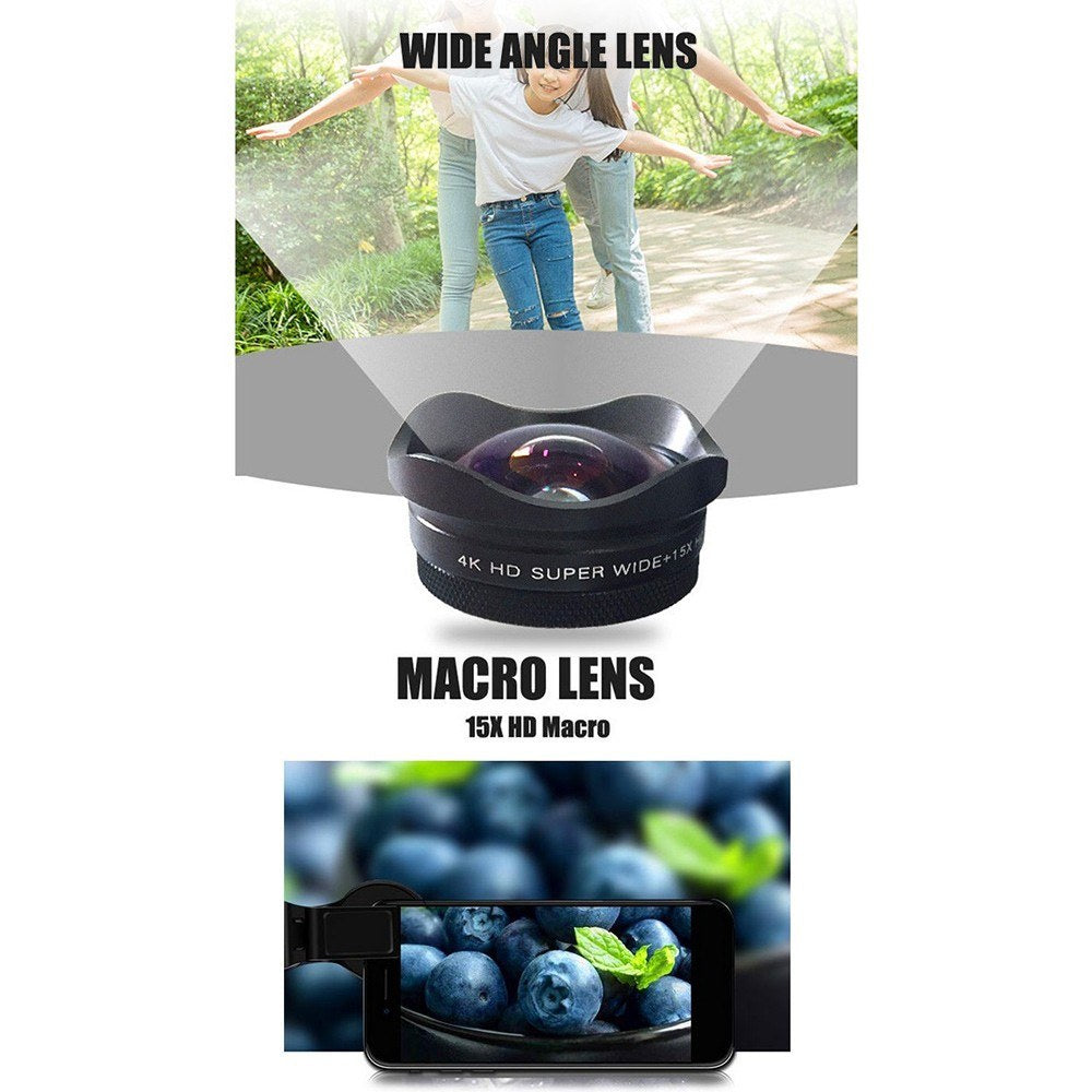 4K Ultra HD Smartphone Camera Lens 0.45X Wide-angle 15X Macro Phone with Universal Clip
