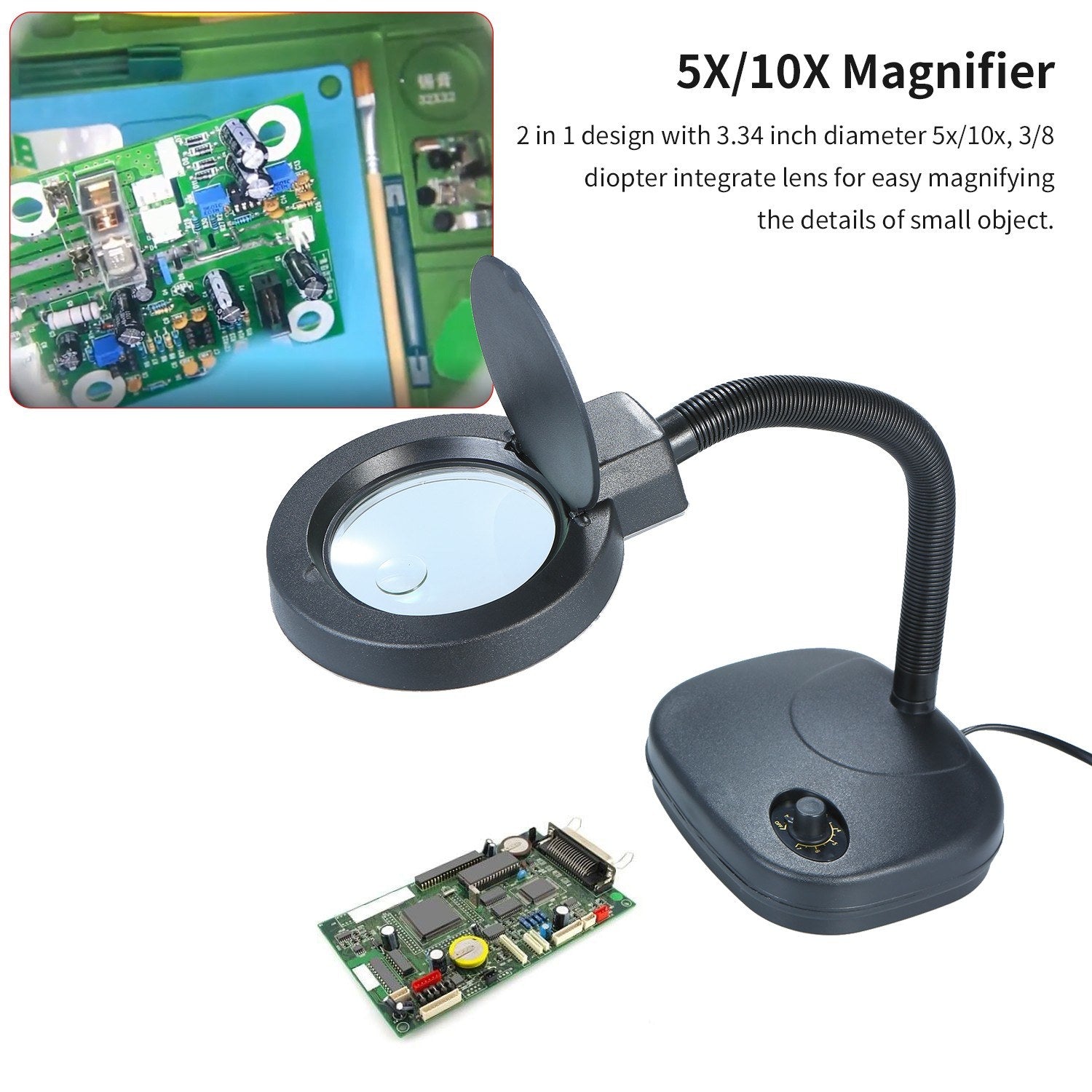 Bench Magnifier 10x/5x 3/8 Diopter Flexible Gooseneck LED Table Desktop Magnifying Glass Lamp