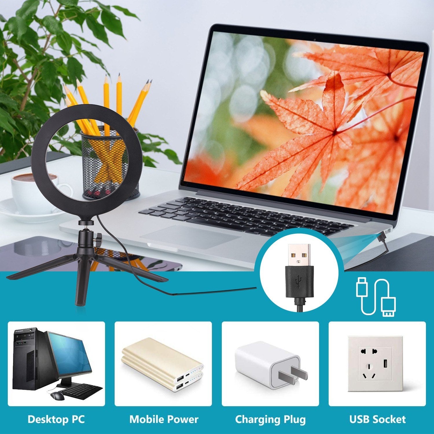 8inch Ring Light with Adjustable Tripod Stand Dimmable Selfie Makeup Ringlights for Video Live Stream Photography