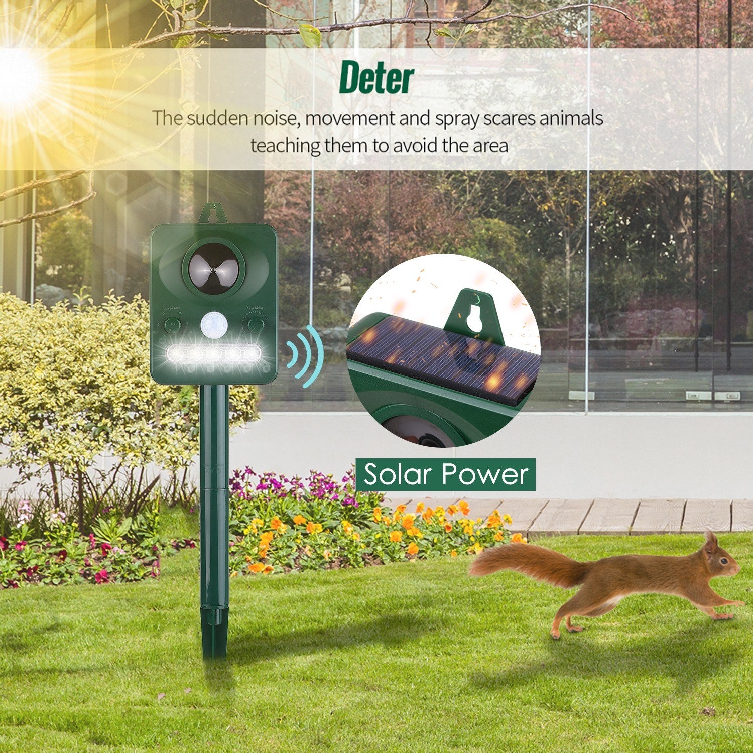 Solar Ultrasonic Pest Repeller Outdoor Animal with Sound Motion Sensor and Flashing Light