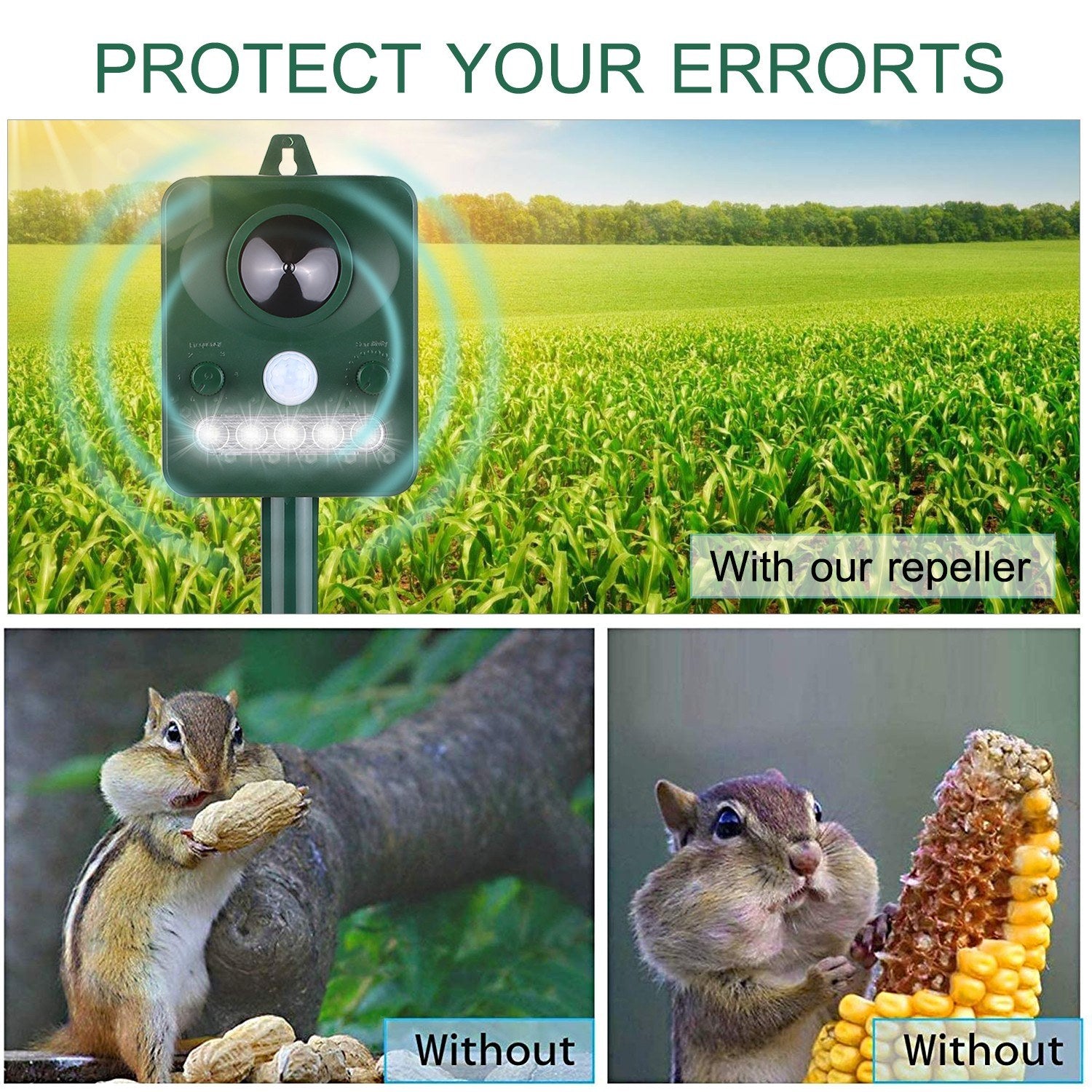 Solar Ultrasonic Pest Repeller Outdoor Animal with Sound Motion Sensor and Flashing Light