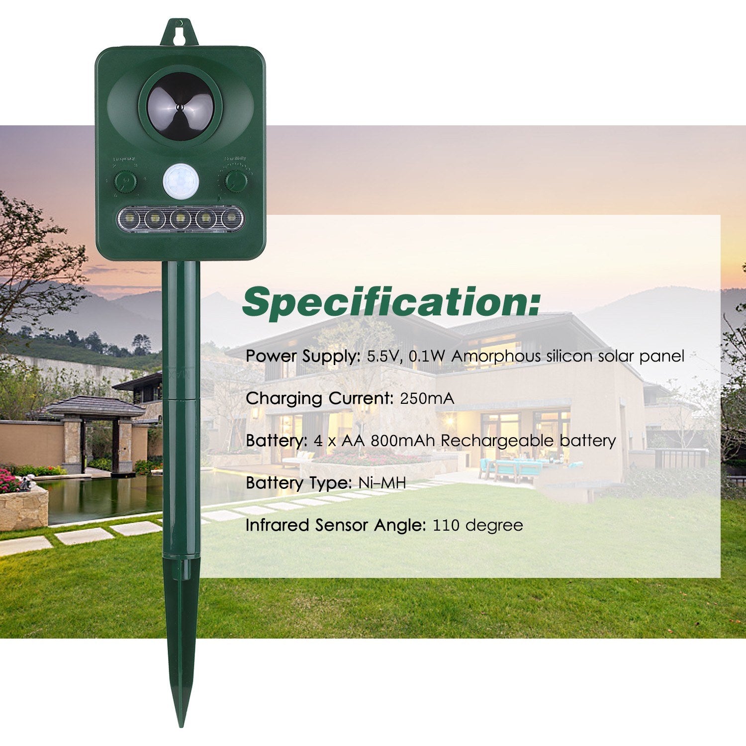 Solar Ultrasonic Pest Repeller Outdoor Animal with Sound Motion Sensor and Flashing Light