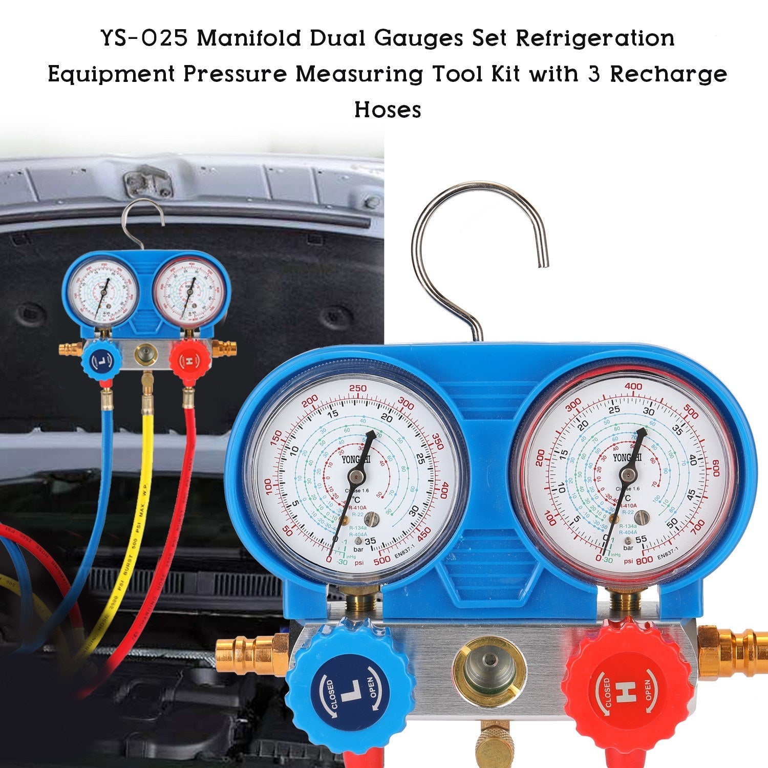 Dual Gauges Set Refrigeration Equipment Pressure Measuring Tool Kit with 3 Recharge Hoses