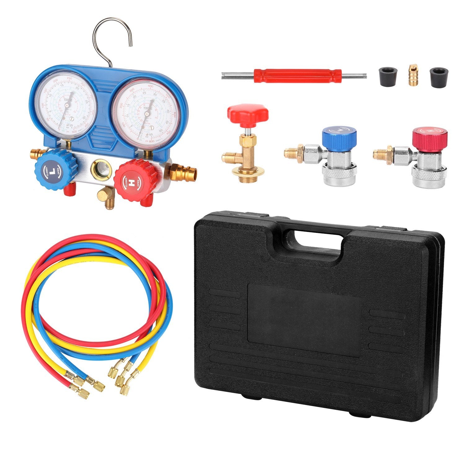 Dual Gauges Set Refrigeration Equipment Pressure Measuring Tool Kit with 3 Recharge Hoses