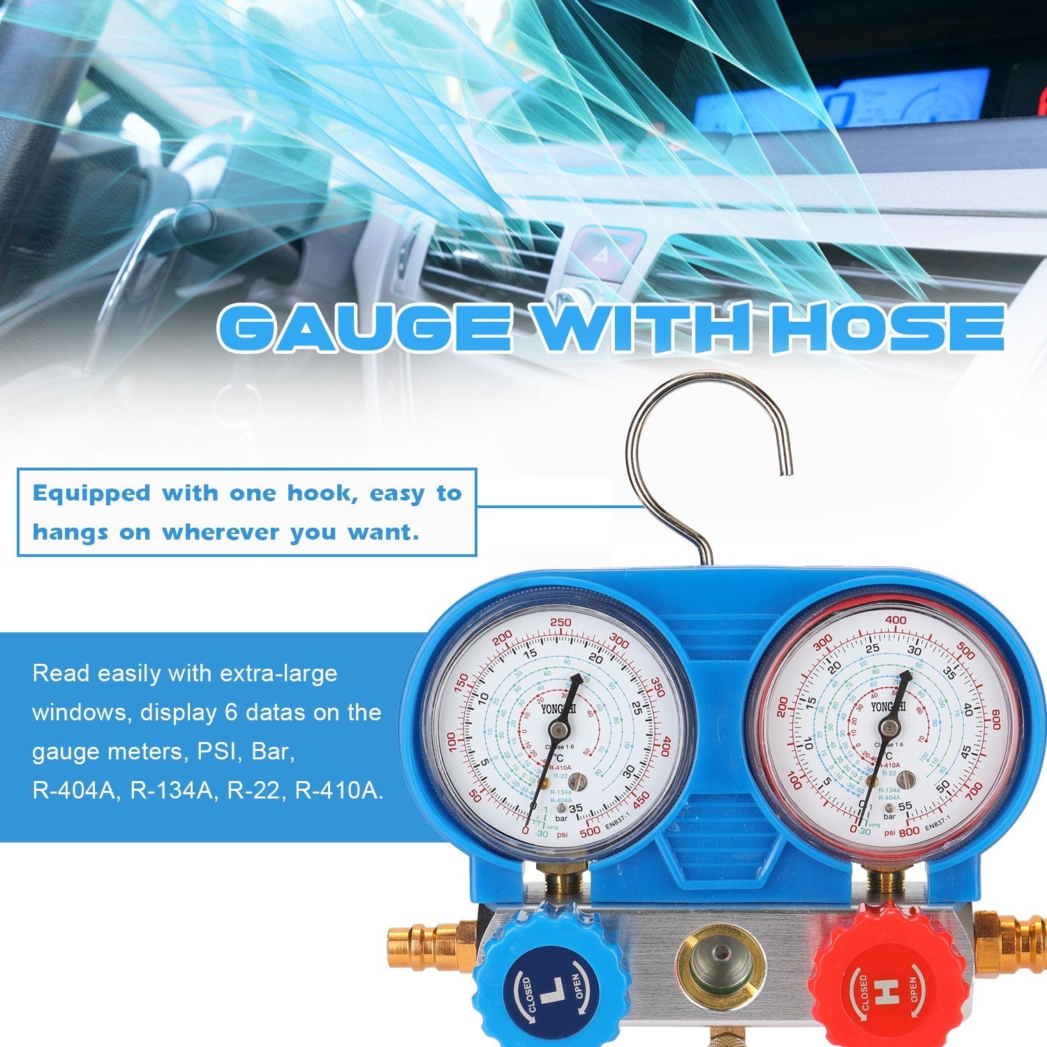 Dual Gauges Set Refrigeration Equipment Pressure Measuring Tool Kit with 3 Recharge Hoses
