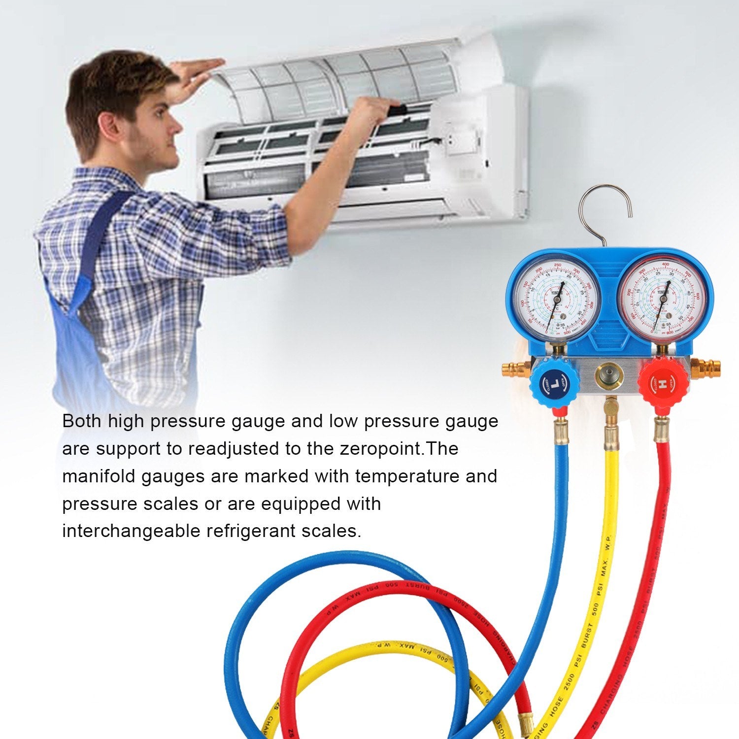Dual Gauges Set Refrigeration Equipment Pressure Measuring Tool Kit with 3 Recharge Hoses