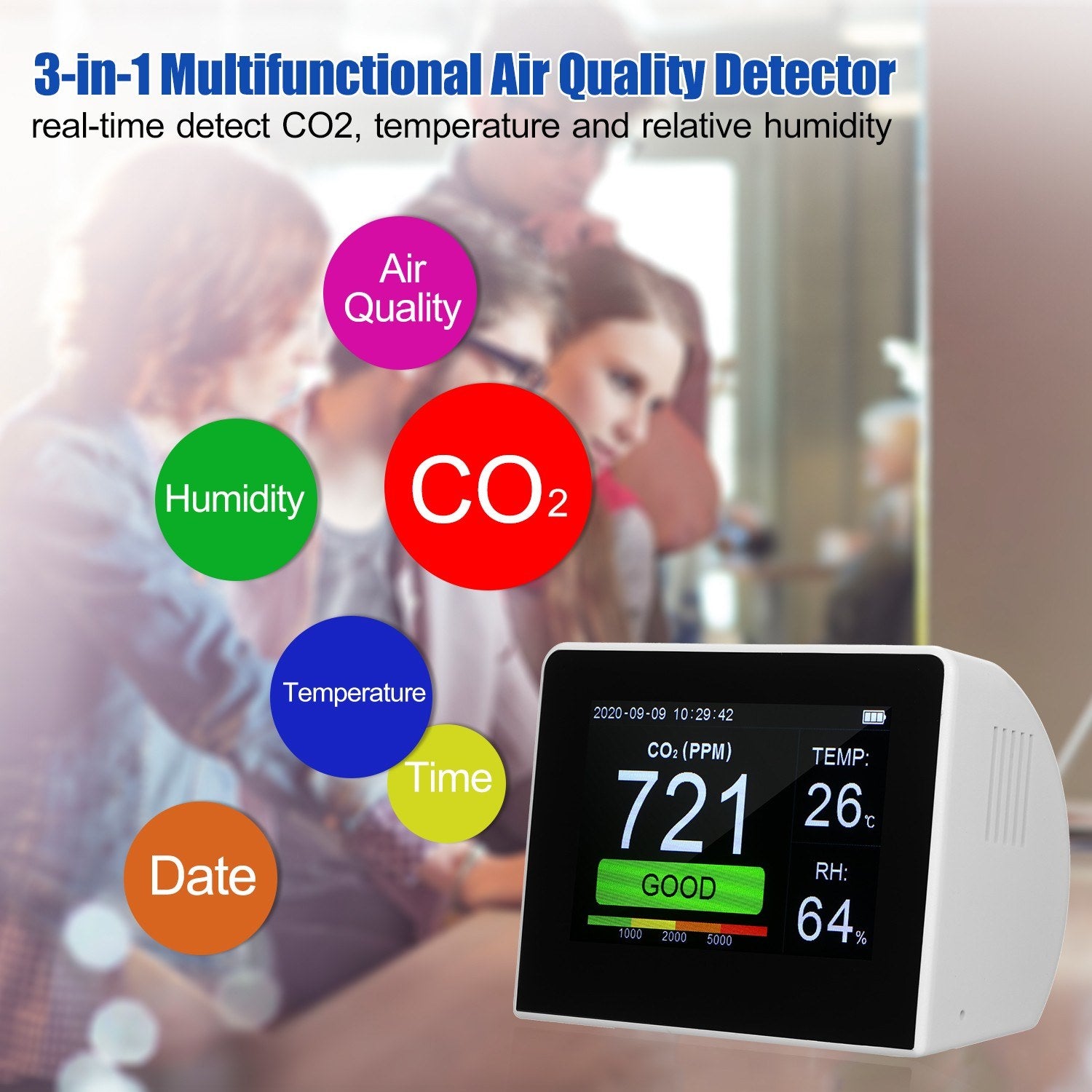 Desktop 3-in-1 Multifunctional Air Quality Detector CO2 Meter Tester 3.5-inch Digital Hygrothermograph