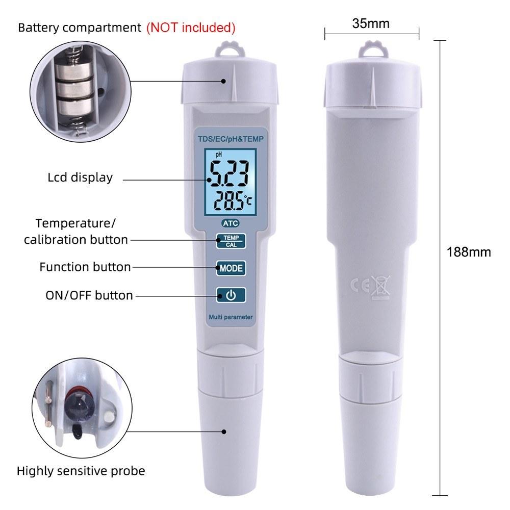 4 in 1 PH/EC/TDS/Temp Meter Water Quality Test High Accuracy Measure Tool for Drinking Water Aquarium