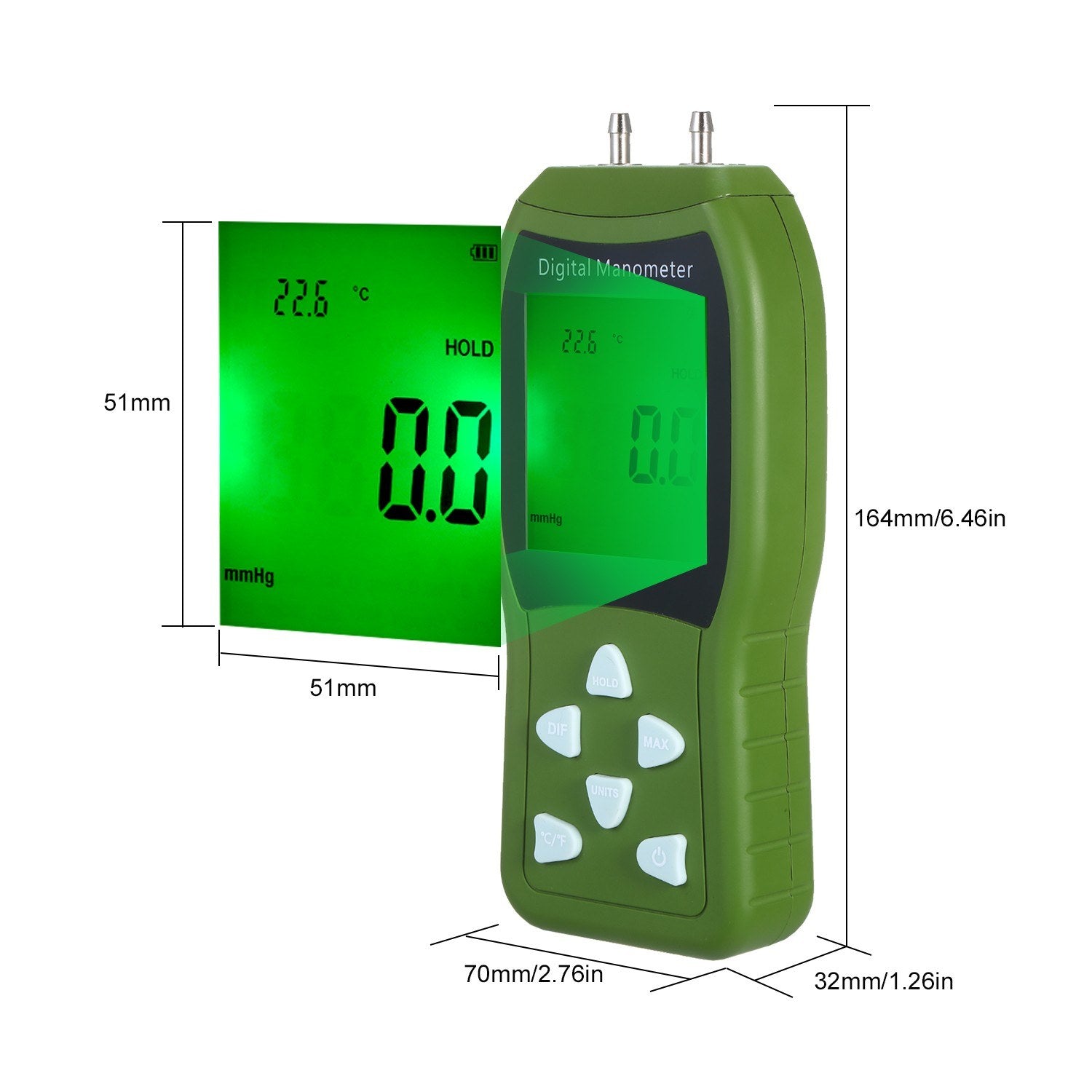 Manometer Digital Air Pressure Meter 12 Unit Dual Port Differential Gauge HVAC Gas Tester