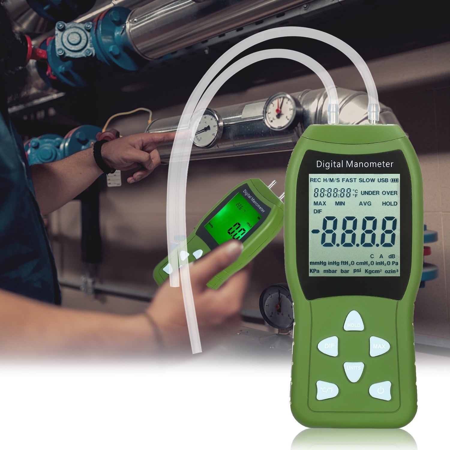 Manometer Digital Air Pressure Meter 12 Unit Dual Port Differential Gauge HVAC Gas Tester