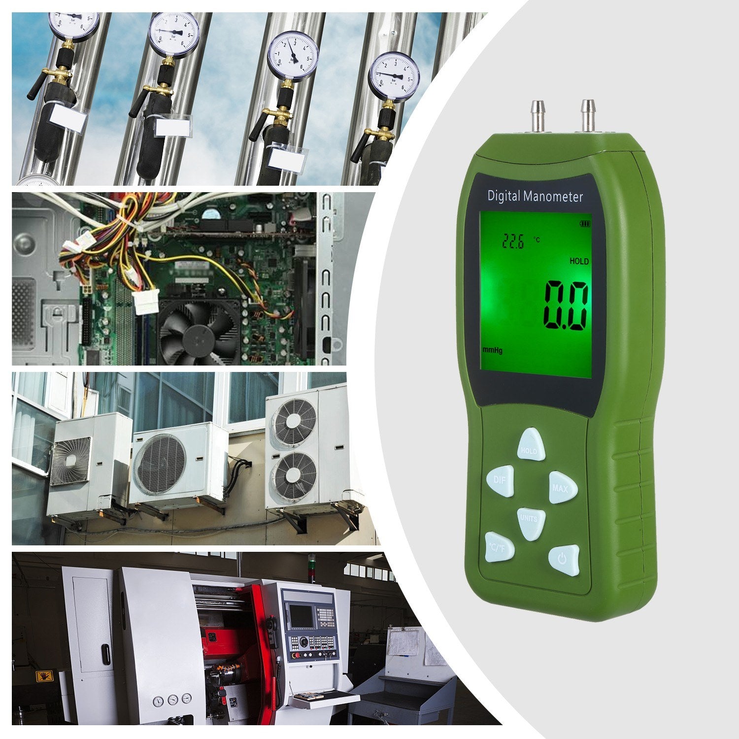 Manometer Digital Air Pressure Meter 12 Unit Dual Port Differential Gauge HVAC Gas Tester
