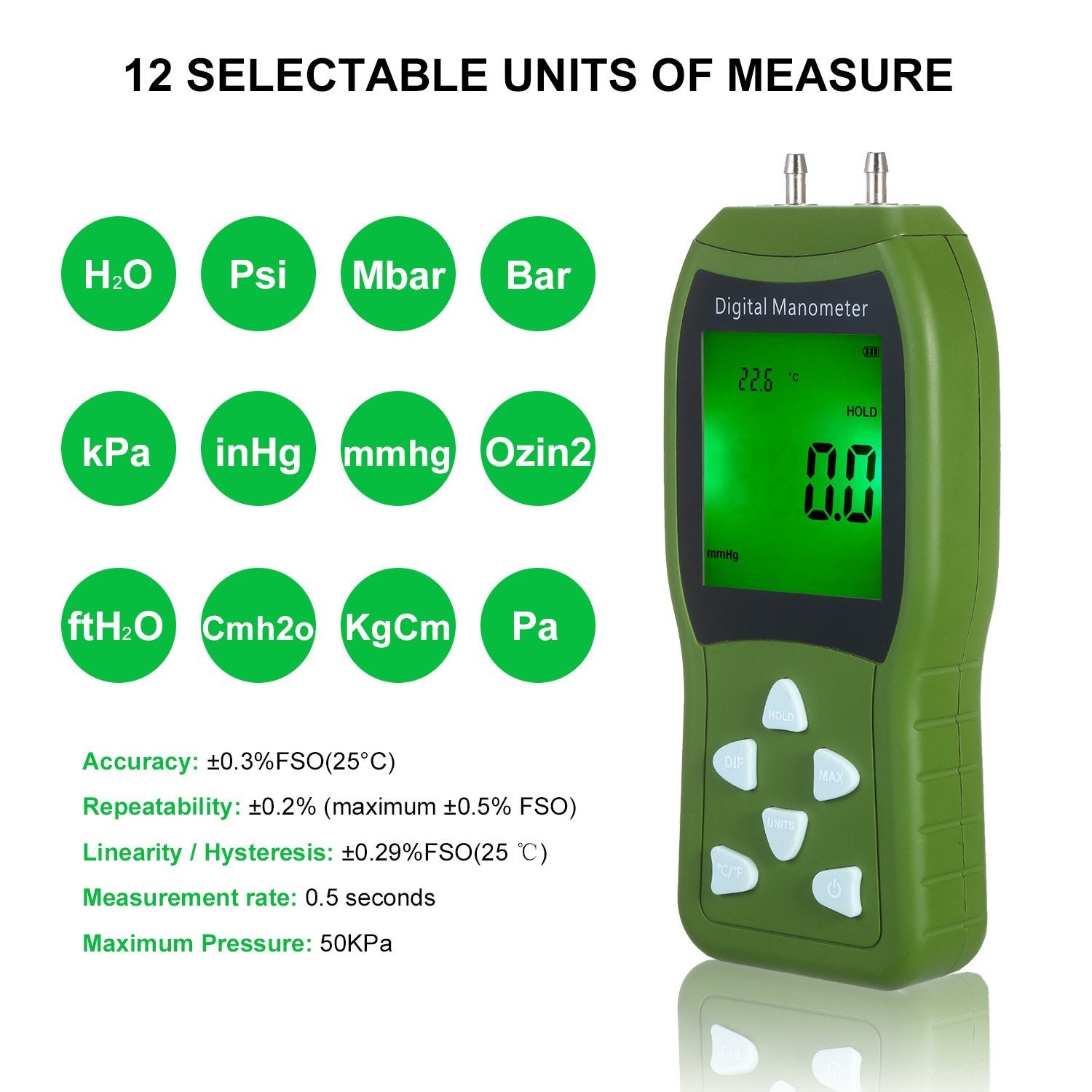 Manometer Digital Air Pressure Meter 12 Unit Dual Port Differential Gauge HVAC Gas Tester