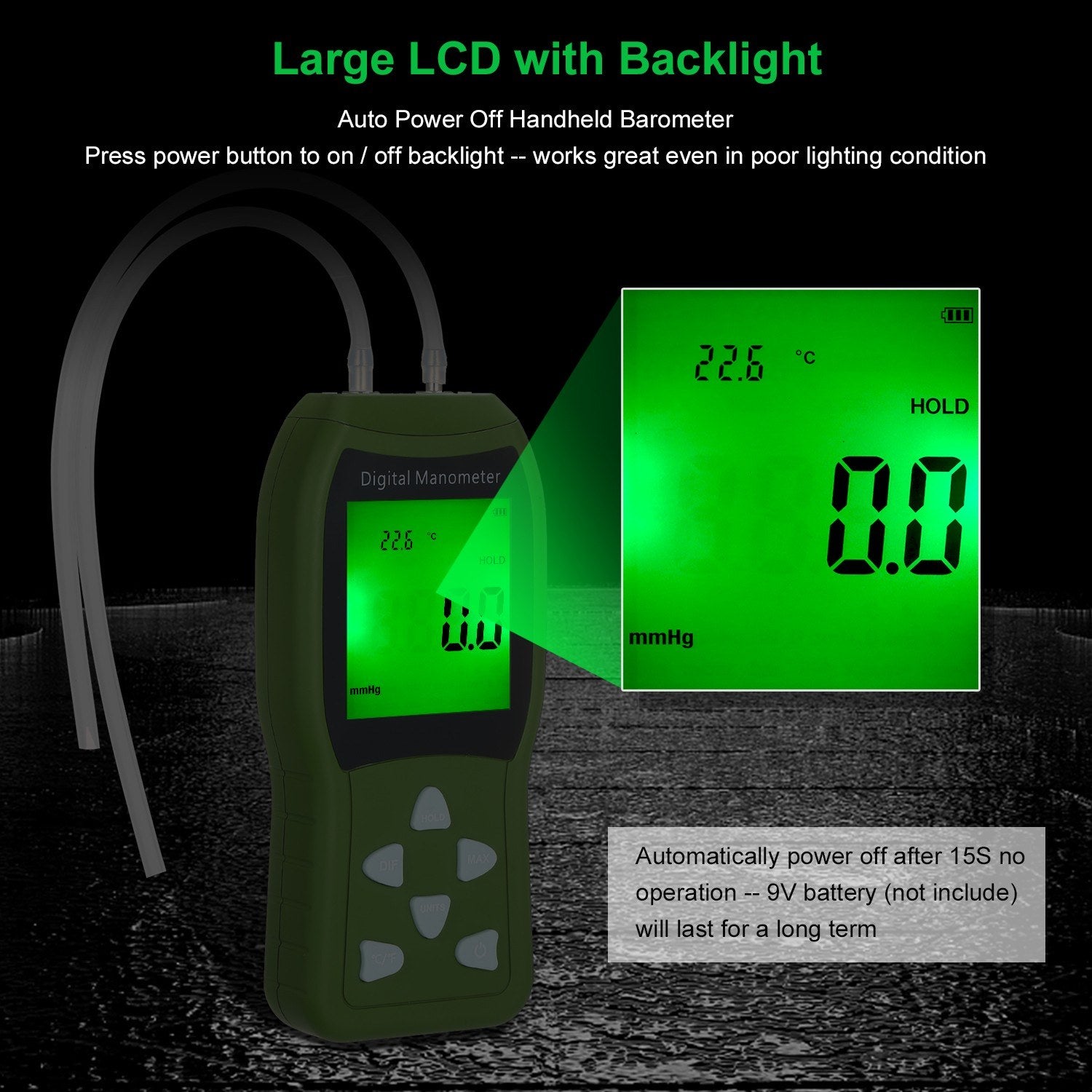 Manometer Digital Air Pressure Meter 12 Unit Dual Port Differential Gauge HVAC Gas Tester