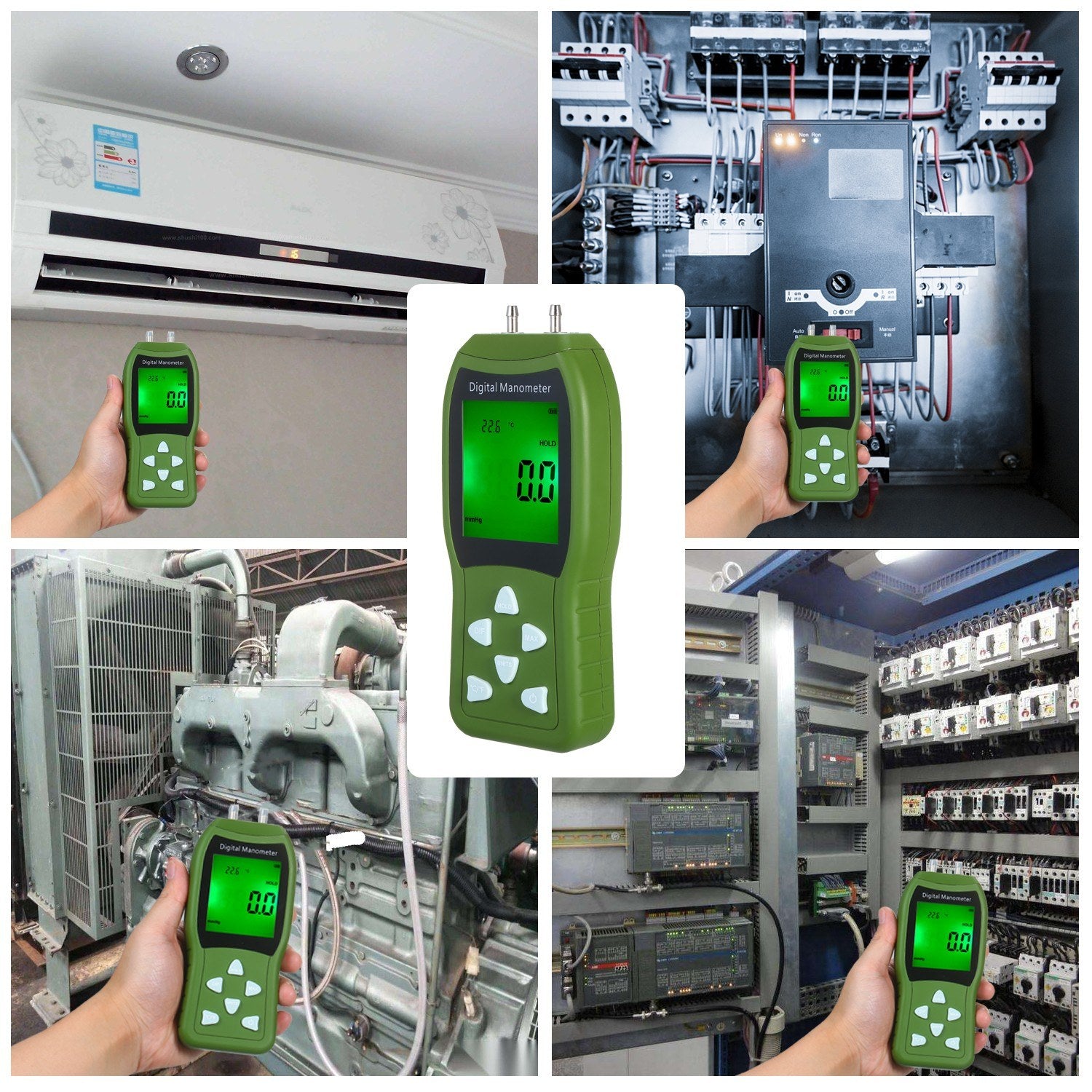Manometer Digital Air Pressure Meter 12 Unit Dual Port Differential Gauge HVAC Gas Tester