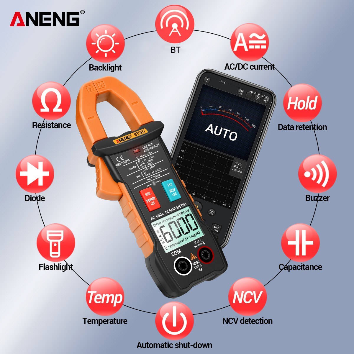True RMS Clamp Meter with App Remote Control Autoranging Diode Hertz Temperature Tester