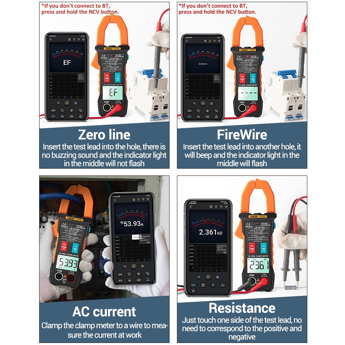 True RMS Clamp Meter with App Remote Control Autoranging Diode Hertz Temperature Tester