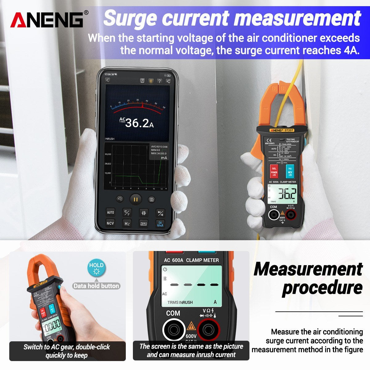 True RMS Clamp Meter with App Remote Control Autoranging Diode Hertz Temperature Tester