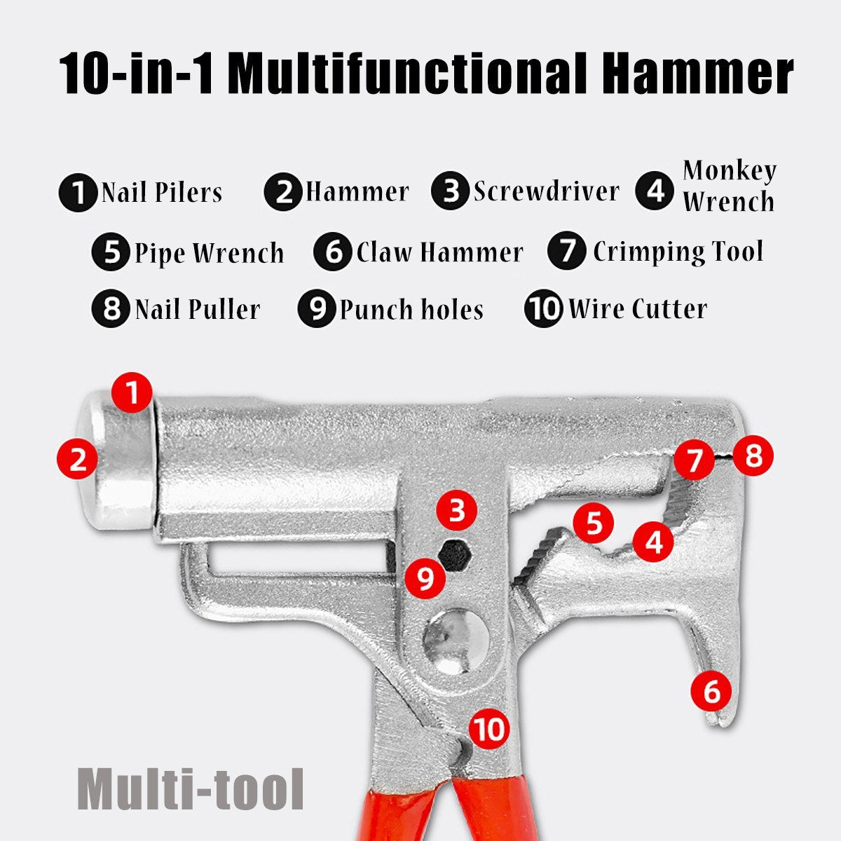10-in-1 Hammer Pocket Multitool Multifunctional Pliers Multiuse Tool