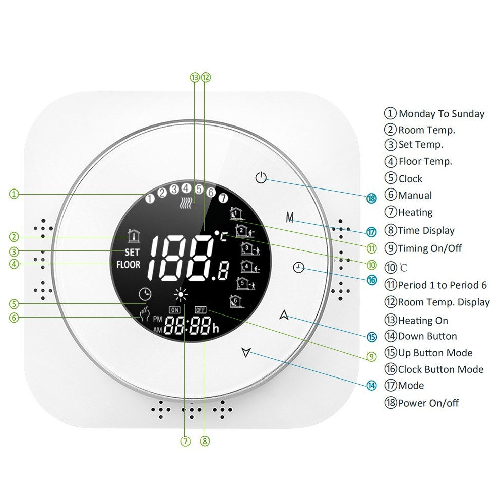 Programmable Thermostat 5+1+1 Six Periods Touchscreen LCD with Water Heating Thermoregulator